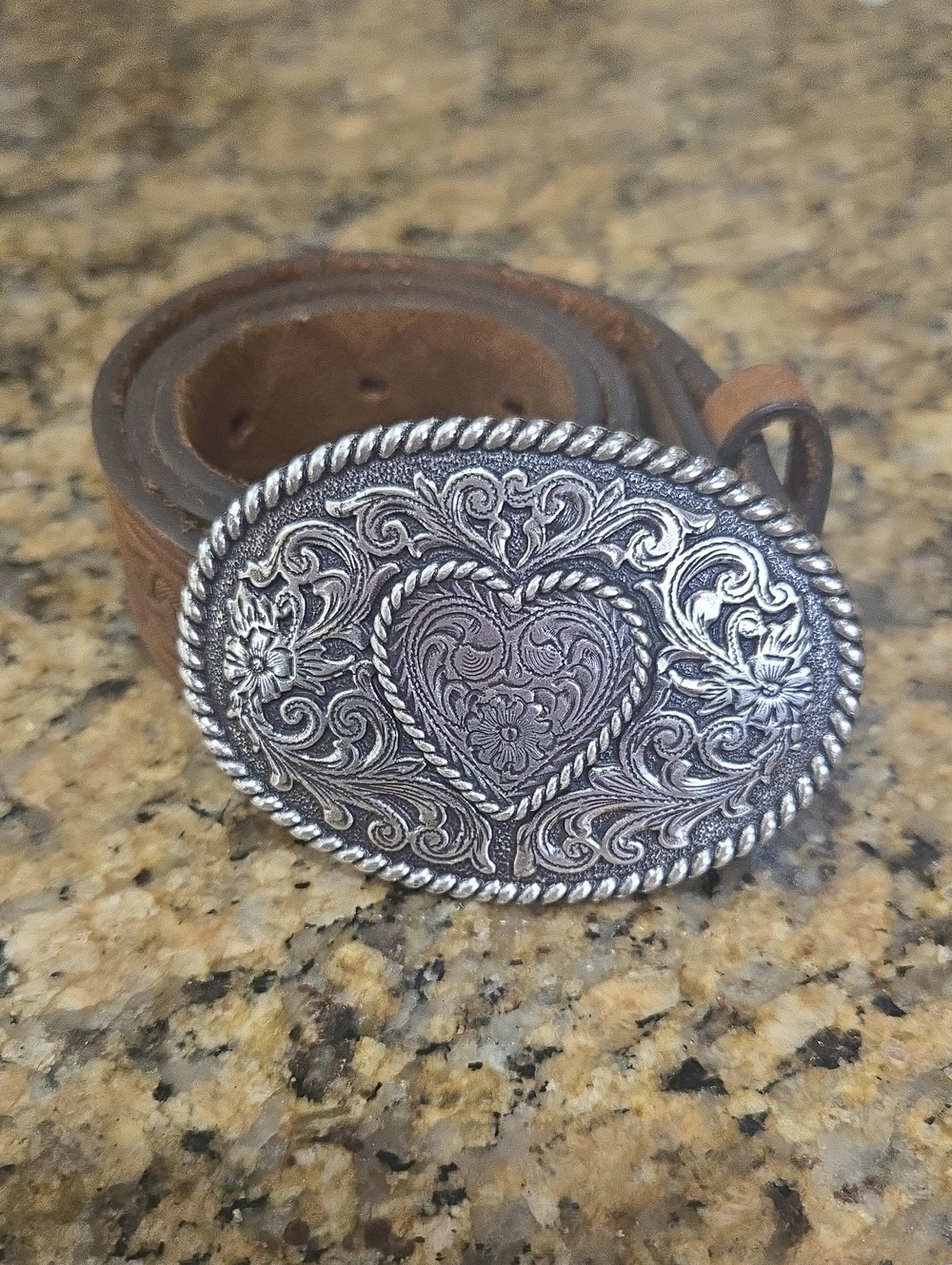 Girls Justin Brown Leathet Belt and Silver Oval Heart Buckle